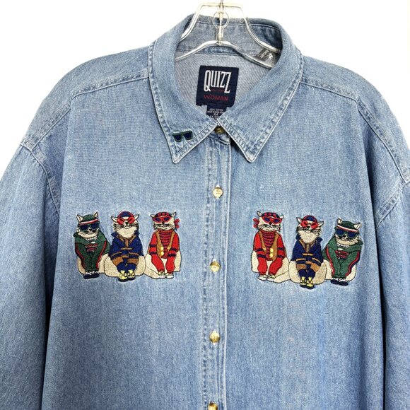 90's Denim Holiday Shirt – Embroidered Cats w/ Sweaters Button-Up Sz 24 VTG - Picture 6 of 15